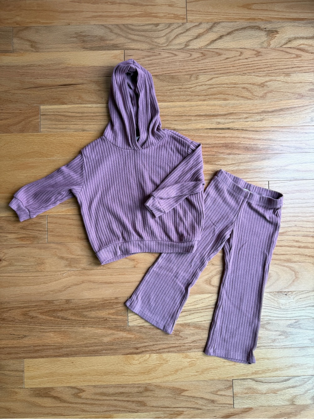 H&M Ribbed Hooded Top & Pants Set - Dusty Mauve